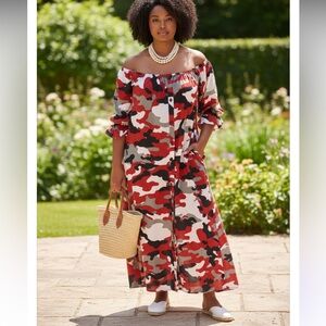 ASHLEY STEWART MAXI DUSTER SIDE SPLITS SIZE 26-28 RED CAMO SHEER W/SLEEV…